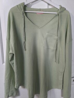 Light Green Waffle Knit V-Neck Hoodie